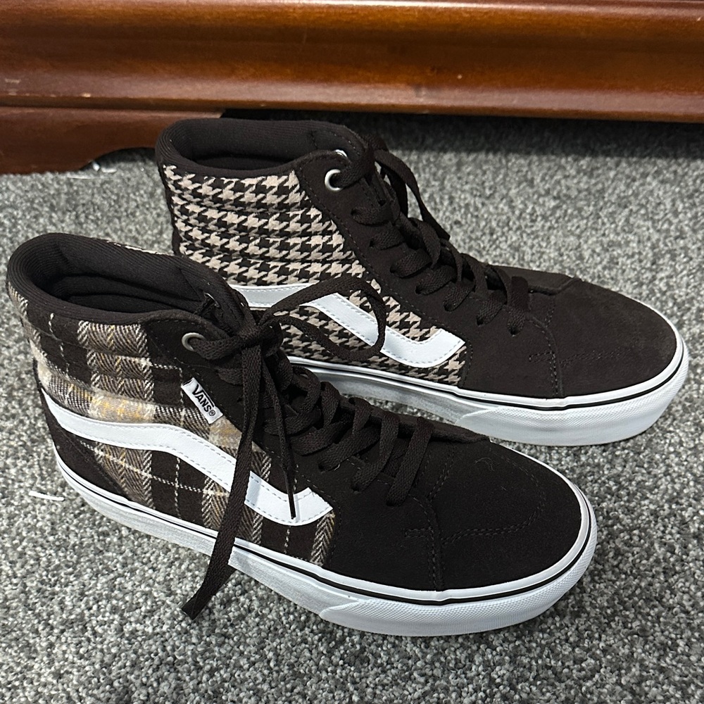 Vans Brown and White High-Top Plaid Skate Sneakers